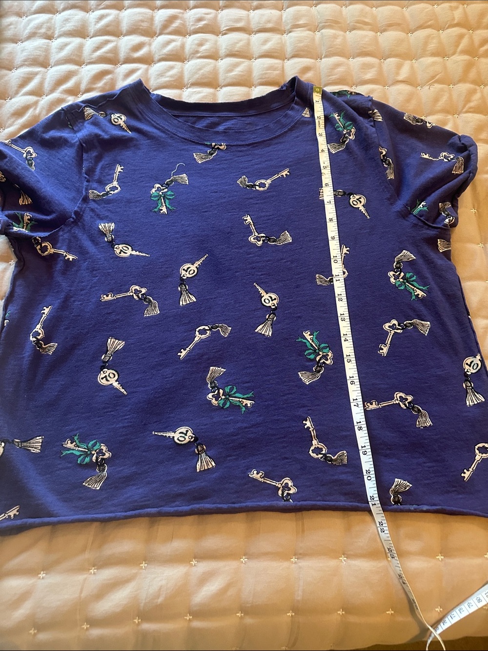 Anthropologie Navy Key-Print Short Sleeve Top